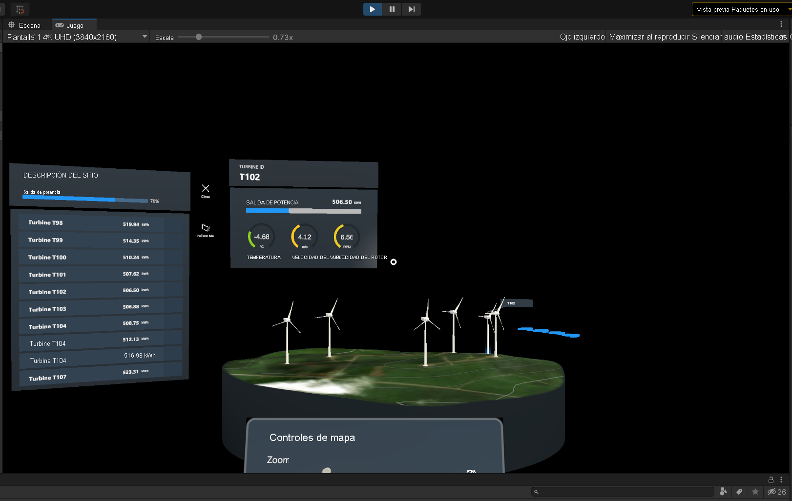 Captura de pantalla del editor de Unity en modo de reproducción con el simulador de dispositivos en ejecución.