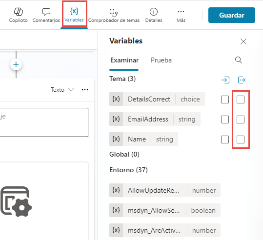 Captura de pantalla del panel de variables