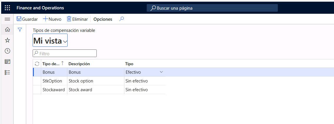 Captura de pantalla de los tipos de compensación variables en Human Resources