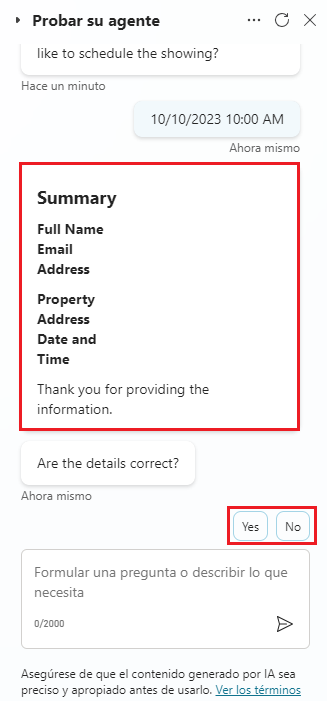 Captura de pantalla de la tarjeta adaptable con la información introducida