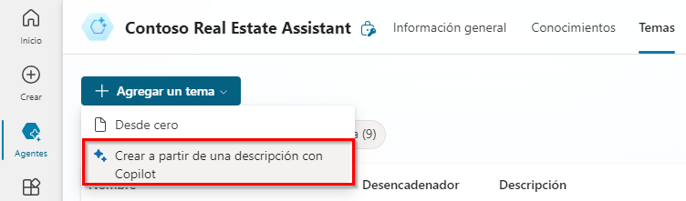 Captura de pantalla de la creación de un tema a partir de la descripción con Copilot