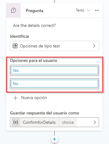 Captura de pantalla del nodo de pregunta con diversas opciones