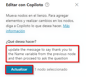 Captura de pantalla de la actualización de un nodo de pregunta con Copilot
