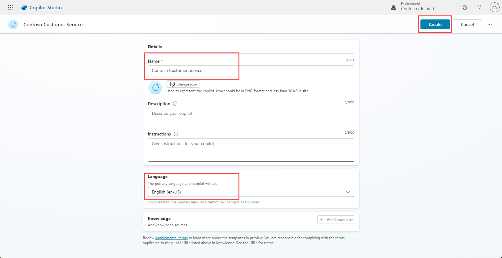 Captura de pantalla del uso del asistente Crear un agente para diseñar su primer agente