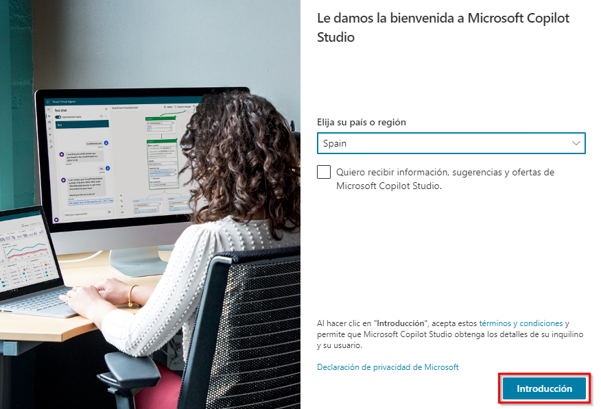 Captura de pantalla del cuadro de diálogo Le damos la bienvenida a la prueba de Microsoft Copilot Studio