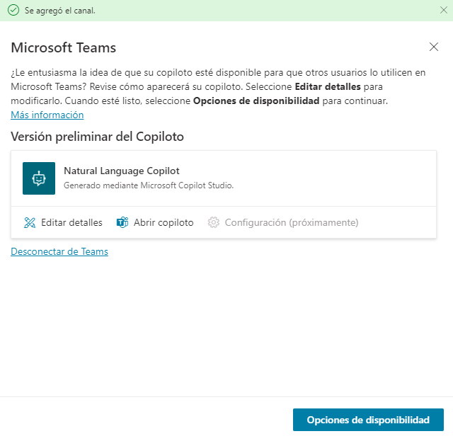 Captura de pantalla del cuadro de diálogo Canal de Teams