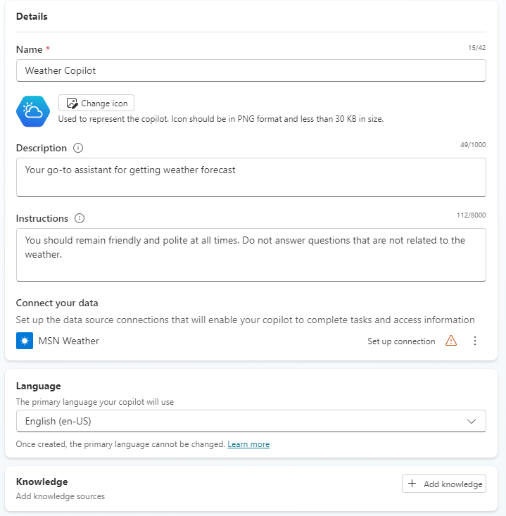 Captura de pantalla de la plantilla de agente para la consulta del tiempo
