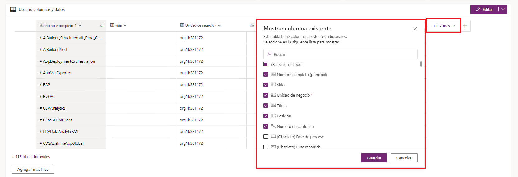 Captura de pantalla de la opción para seleccionar la vista de filtro ampliada y la opción Todas las columnas seleccionada