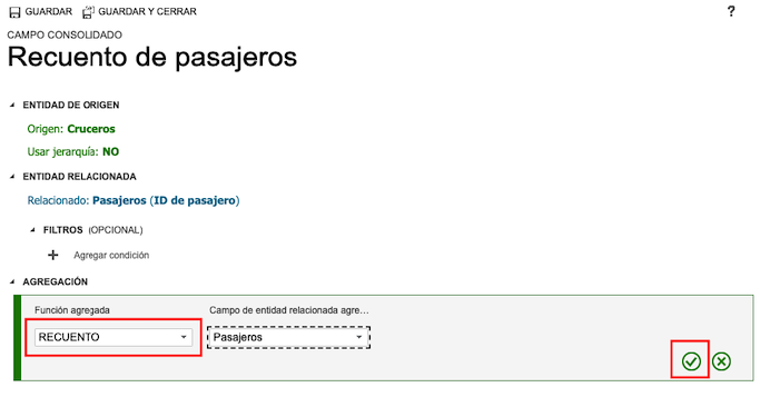 Captura de pantalla de Count de funciones agregadas y el botón de marca de verificación seleccionado