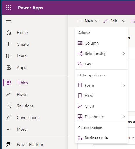 Captura de la pantalla Tablas con el botón + Nuevo en la barra de comandos seleccionado y Columna resaltada. Como alternativa, hay una línea discontinua alrededor del botón + en el panel de columnas y datos