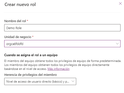 Captura de pantalla del nombre del rol y la configuración del nuevo rol