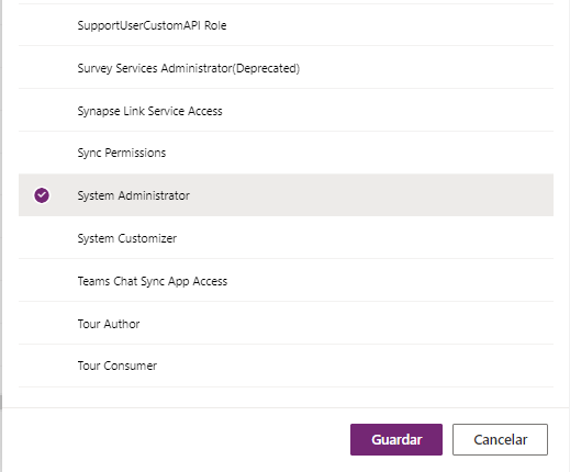 Captura de pantalla del proceso de asignación del rol Administrador del sistema