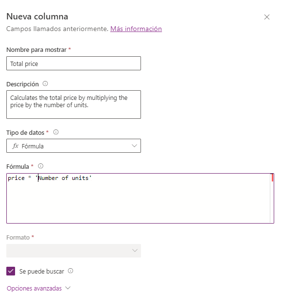 Captura de pantalla de la edición de la columna principal