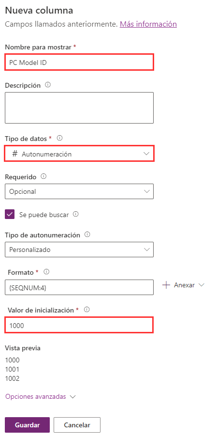 Captura de pantalla del tipo de datos, el formato y el valor de inicialización.