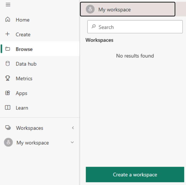 Captura de pantalla del botón Crear un área de trabajo