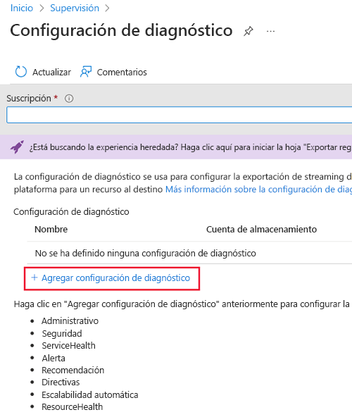 Screenshot that shows the Diagnostic settings pane and Add diagnostic setting selected.