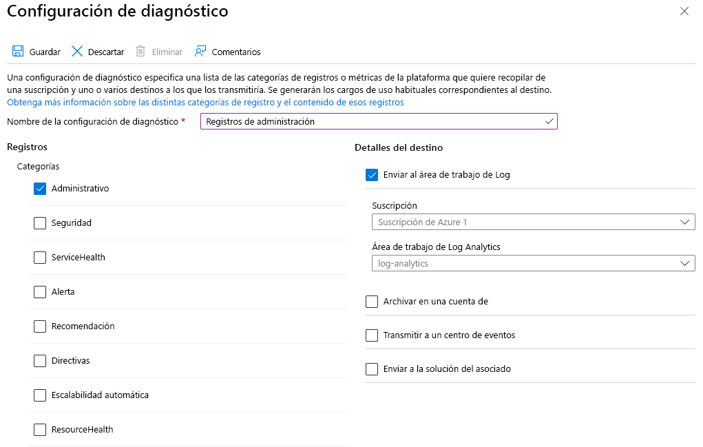Screenshot that shows the Diagnostic settings creation pane and options selected.