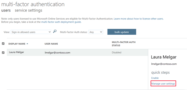 Screenshot that shows the Microsoft Entra multifactor authentication users window and the manage user settings link.