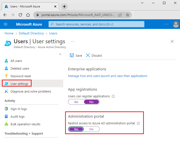 Screenshot of the Azure portal that shows the Restrict access to Microsoft Entra administration portal option set to Yes.