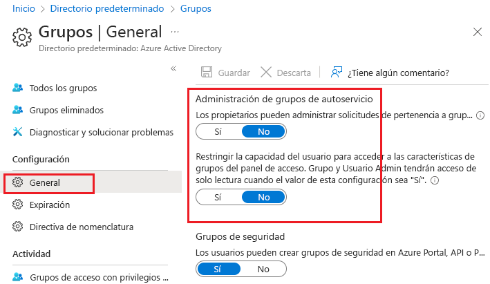 Screenshot that shows Microsoft Entra self-service group options set to No.
