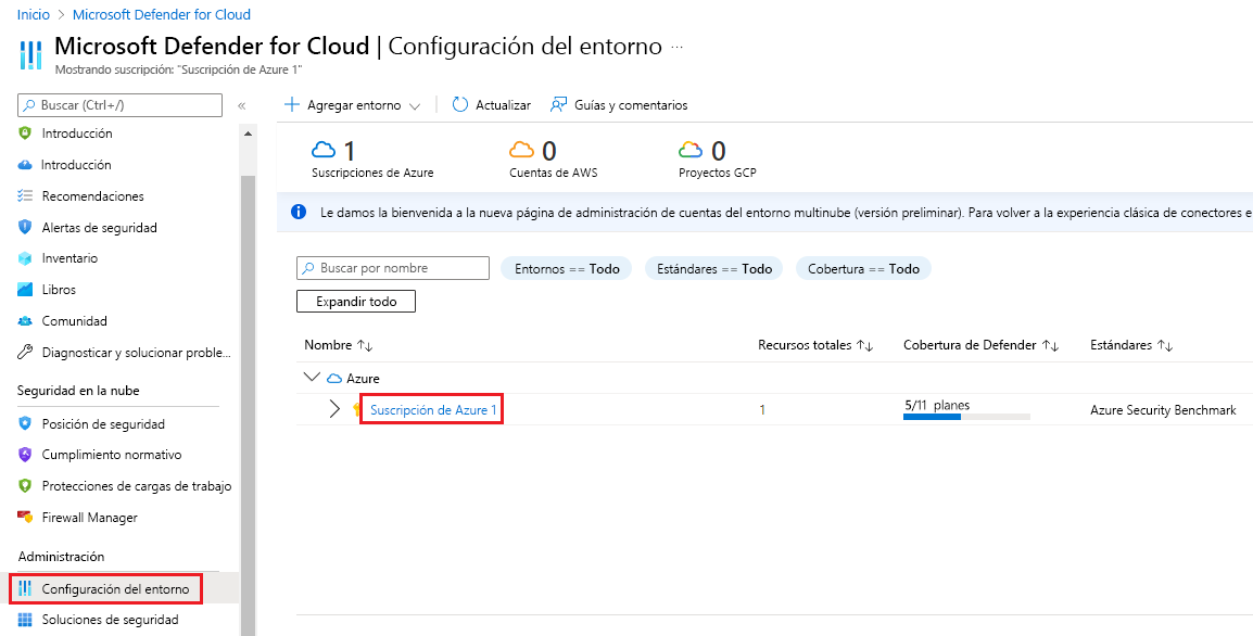 Screenshot that shows the environment settings for Defender for Cloud.