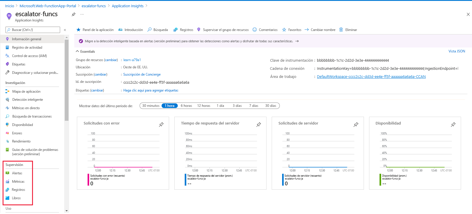 Captura de pantalla que muestra el panel de Application Insights de la función HTTP con los resultados de la función, los códigos de estado HTTP correspondientes y los elementos de menú Supervisión resaltados.