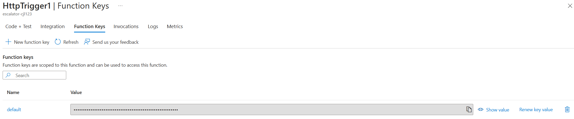 Captura de pantalla que muestra el panel Teclas de función con la clave de función resaltada.