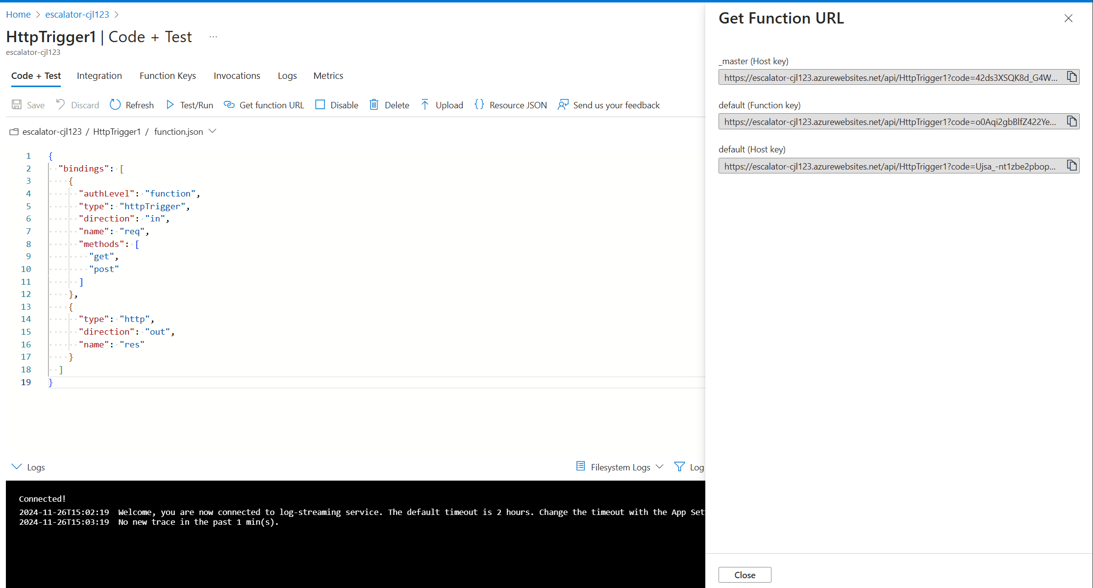 Captura de pantalla de Azure Portal que muestra el editor de funciones con el botón Get function URL (Obtener dirección URL de la función) resaltado.