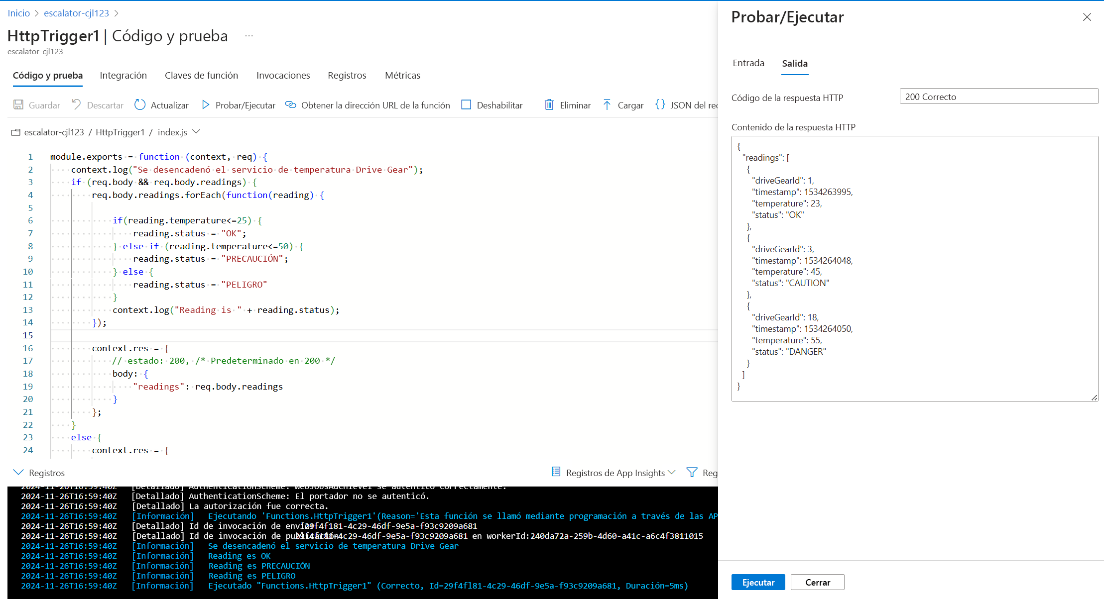 Captura de pantalla del editor de funciones de Azure, en la que se muestran las pestañas Prueba y Registros.