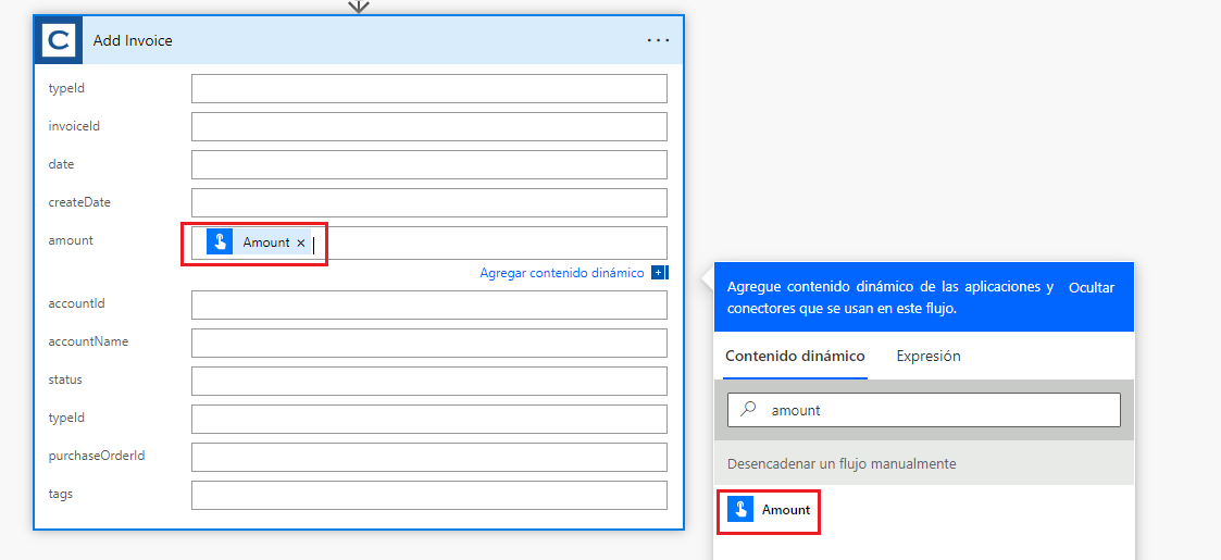 Captura de pantalla de la salida del campo Importe del paso anterior