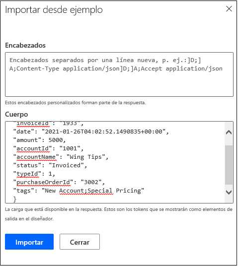 Captura de pantalla de los detalles de las propiedades de importación de la respuesta