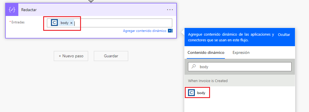 Captura de pantalla del campo Entradas y el cuerpo en el panel Contenido dinámico