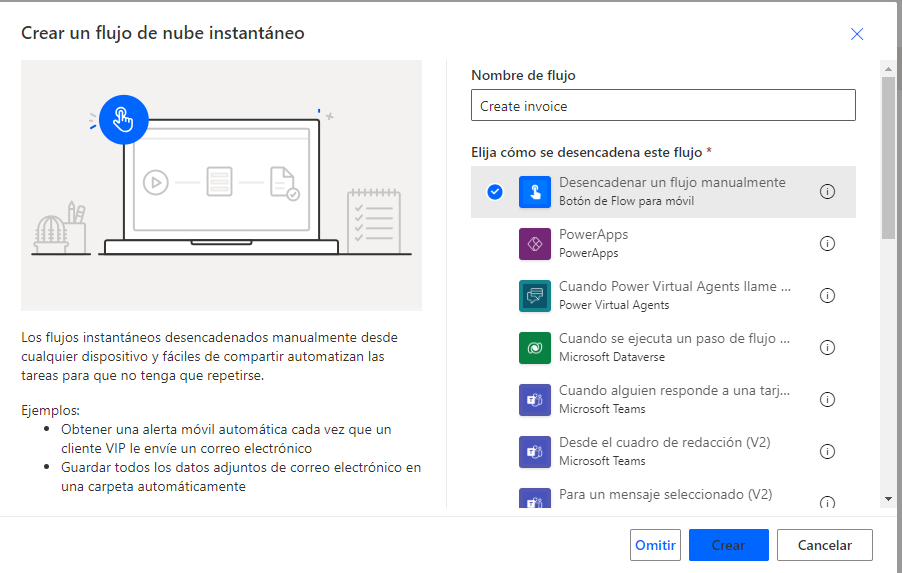 Captura de pantalla de una flecha que apunta al desencadenador Desencadenar un flujo manualmente