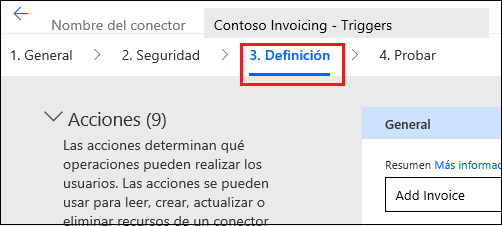 Captura de pantalla de la pestaña Definición seleccionada