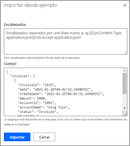 Captura de pantalla de la respuesta predeterminada de la importación