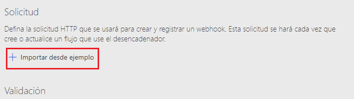 Captura de pantalla de una flecha que apunta al botón Importar desde ejemplo