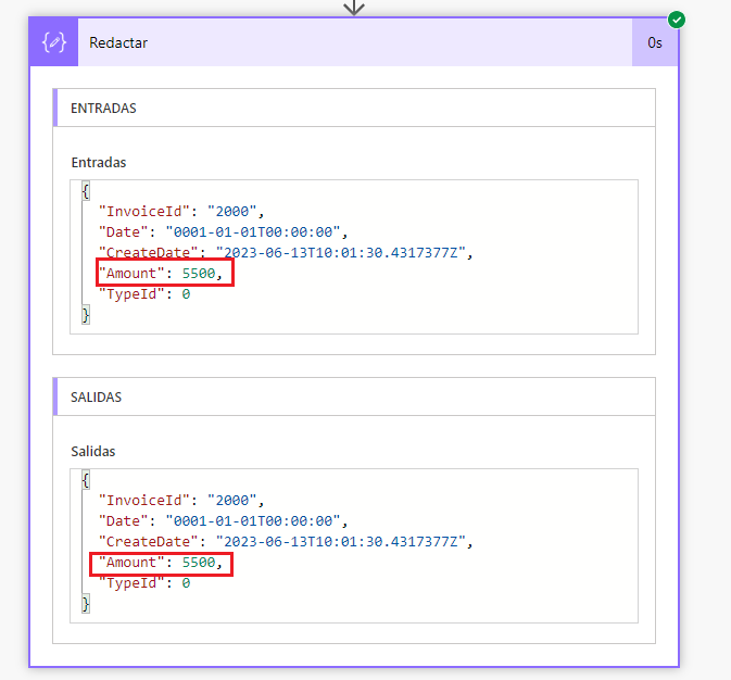 Captura de pantalla de las entradas y salidas de la acción Redactar