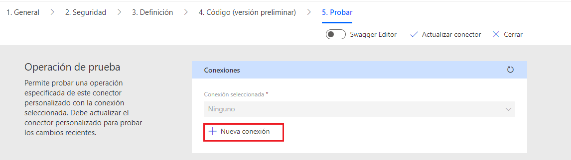 Captura de pantalla de una flecha que apunta al botón para agregar una nueva conexión