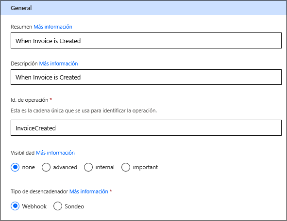 Captura de pantalla de los nuevos valores de desencadenador de Resumen, Descripción, Id. de operación y Tipo de activación