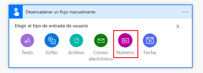 Captura de pantalla de una flecha que apunta al tipo de entrada Número