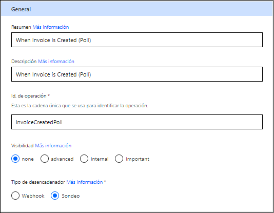 Captura de pantalla de las propiedades del desencadenador del conector