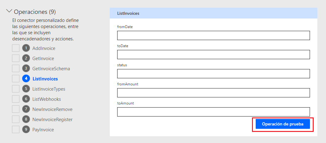Captura de pantalla de una flecha que apunta al botón Probar operación