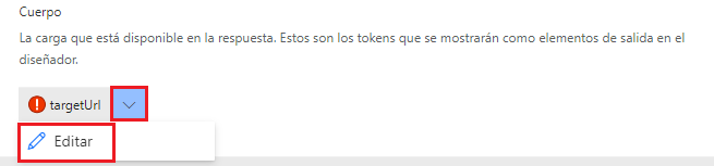 Captura de pantalla de una flecha que apunta al botón para editar la URL de destino