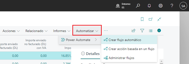 Captura de pantalla con el menú de acciones Automatizar.