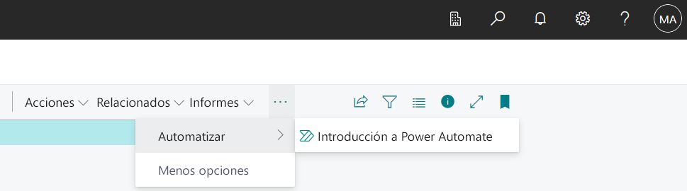 Captura de pantalla con el menú de acciones Automatizar inicial, bajo Más opciones.