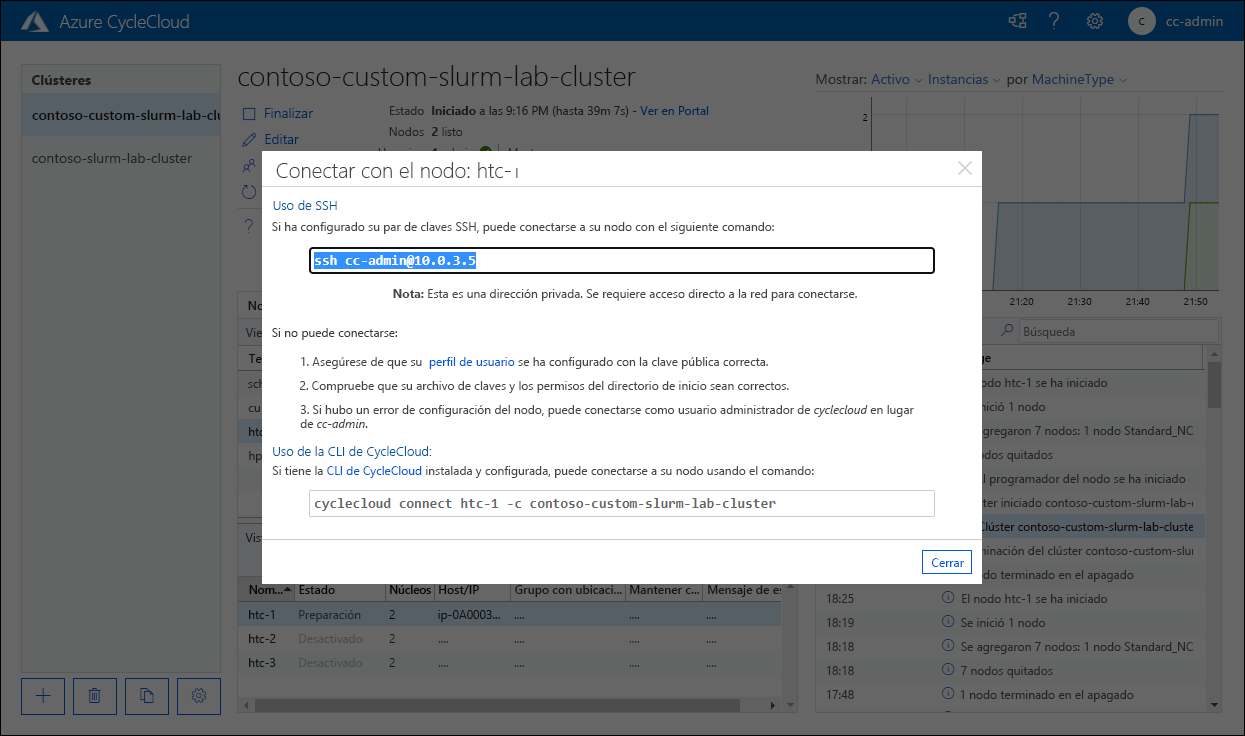 Captura de pantalla de la ventana emergente Conectar al nodo: htc-1 en la aplicación web Azure CycleCloud.