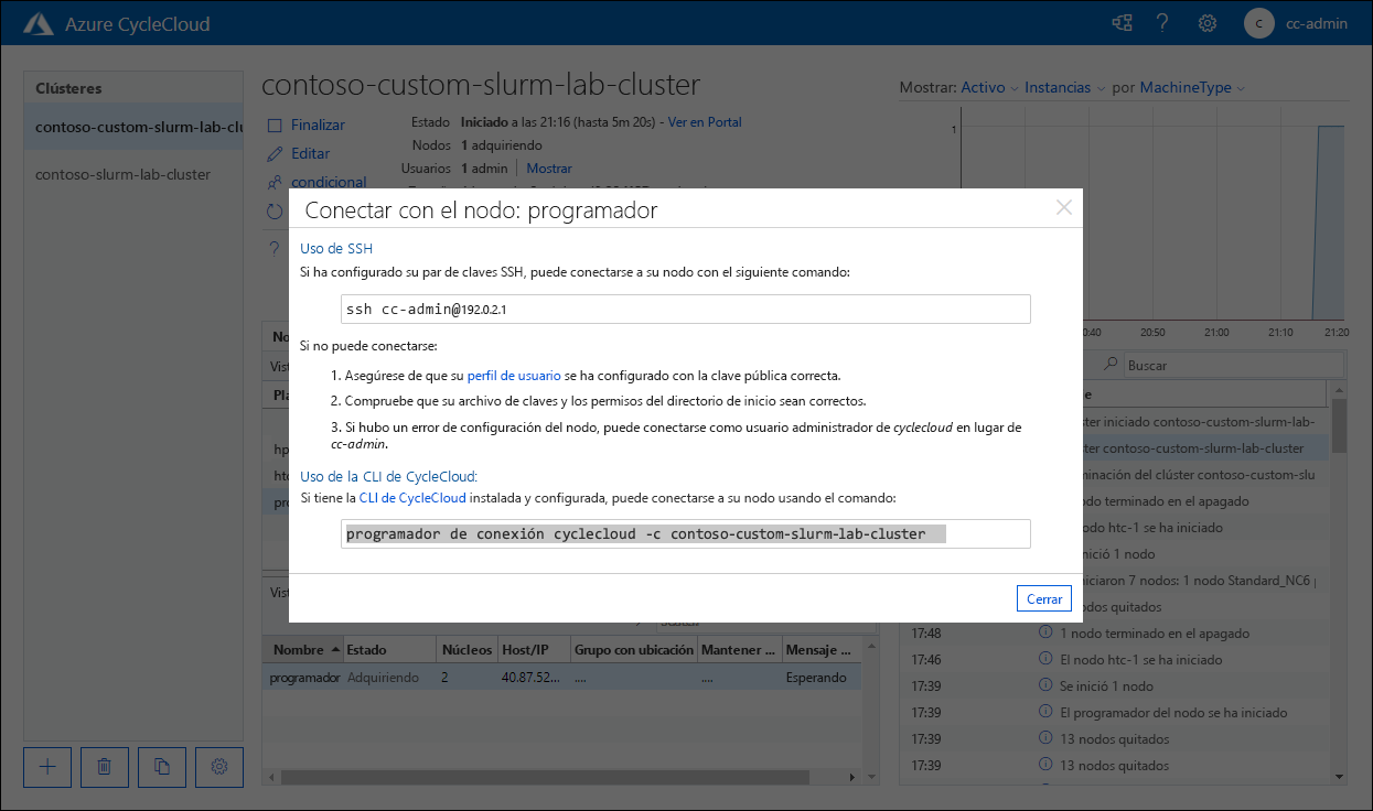Captura de pantalla de la ventana emergente Conectar al nodo: programador en la aplicación web Azure CycleCloud.