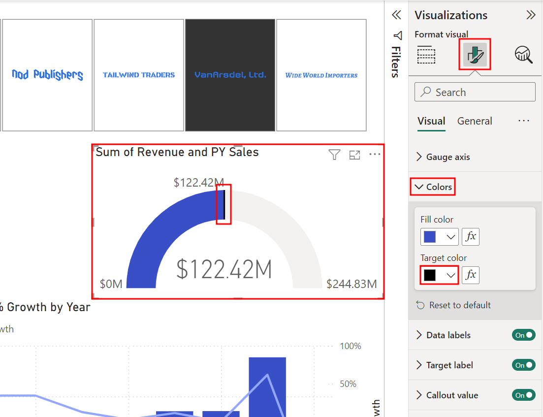 La captura de pantalla resalta la selección del color negro en la pestaña Formato de objeto visual del panel Visualizaciones del objeto visual de medidor.