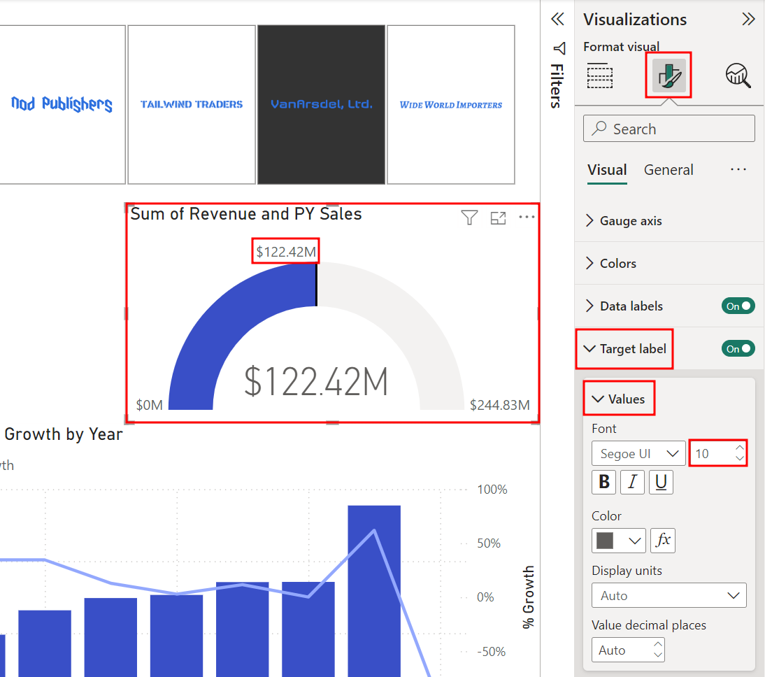 La captura de pantalla resalta el tamaño de fuente de las etiquetas de destino del objeto visual de medidor cambiado a 10 en la pestaña Formato de objeto visual del panel Visualizaciones.