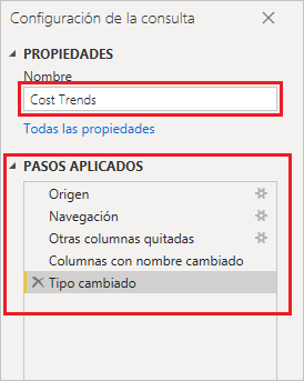 Captura de pantalla de la pestaña Configuración de la consulta con el nombre establecido en Tendencias de costes